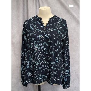 Banana Republic Womens Navy Blue Floral Split Neck Long Sleeve Blouse Size S